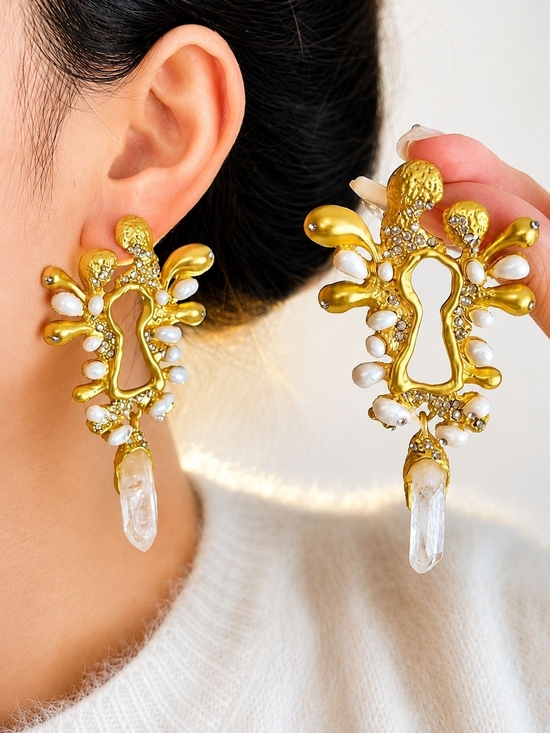 Anthropologie Jewelry - Gold and White Pearl Crystal Drop Earrings
